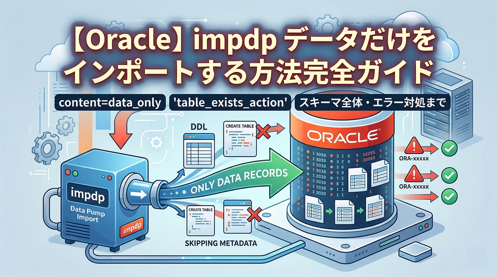 【Oracle】impdpでデータだけをインポートする方法完全ガイド｜content=data_only・table_exists_action・スキーマ全体・エラー対処まで