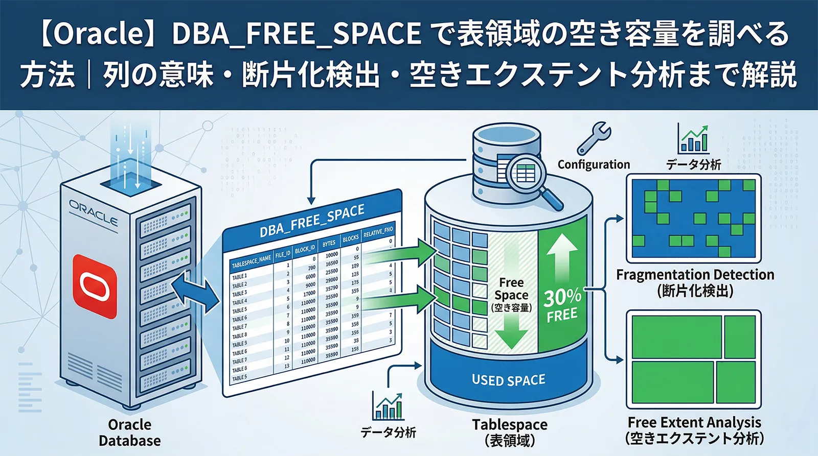 【Oracle】DBA_FREE_SPACE で表領域の空き容量を調べる方法｜列の意味・断片化検出・空きエクステント分析まで解説
