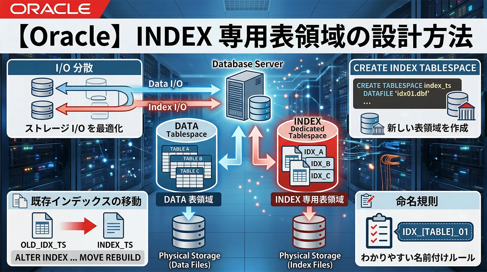 【Oracle】INDEX 専用表領域の設計方法｜I/O 分散・CREATE INDEX TABLESPACE・既存インデックスの移動・命名規則まで解説
