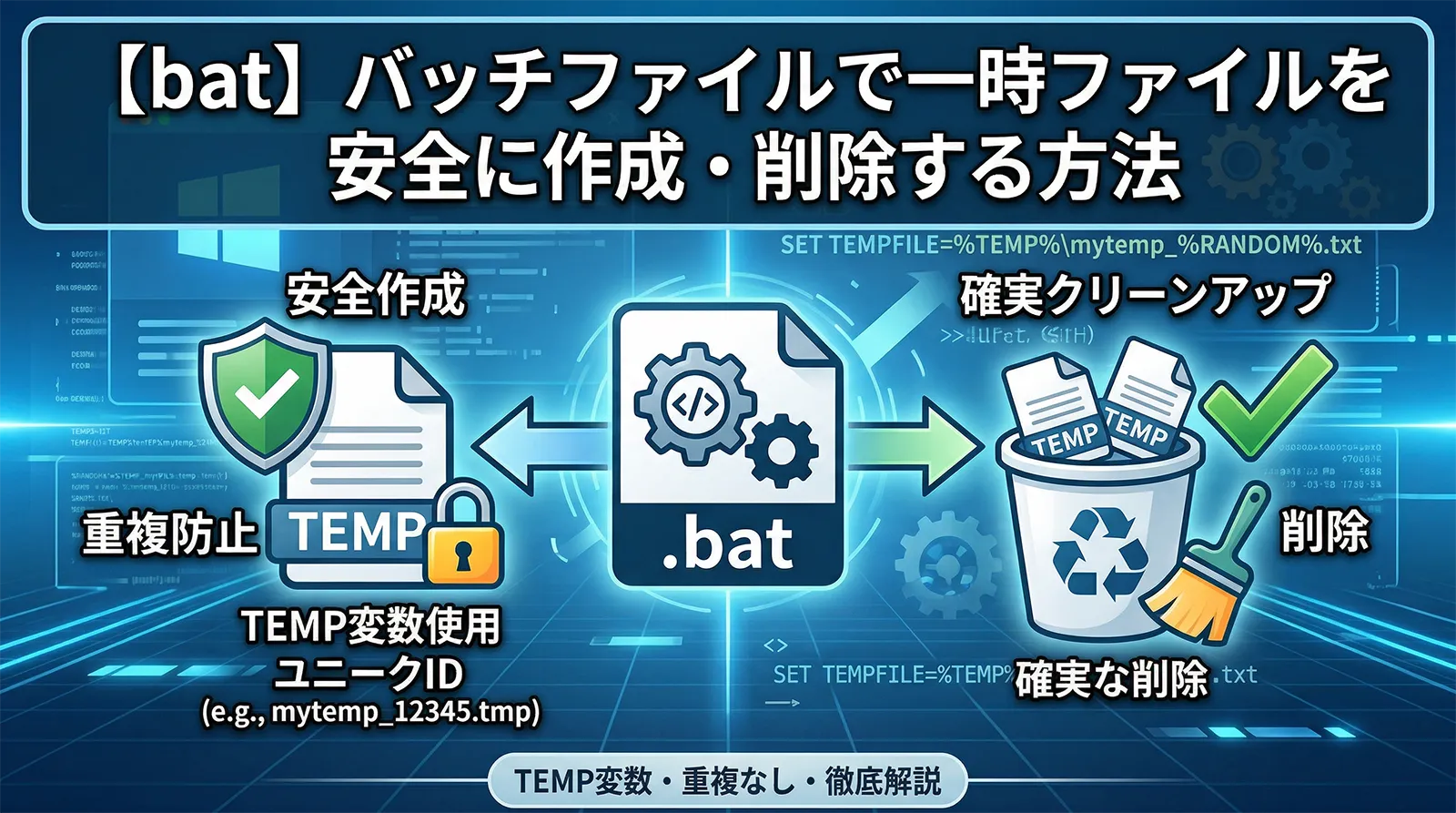 【bat】バッチファイルで一時ファイルを安全に作成・削除する方法｜TEMP変数・重複なし・確実なクリーンアップまで徹底解説