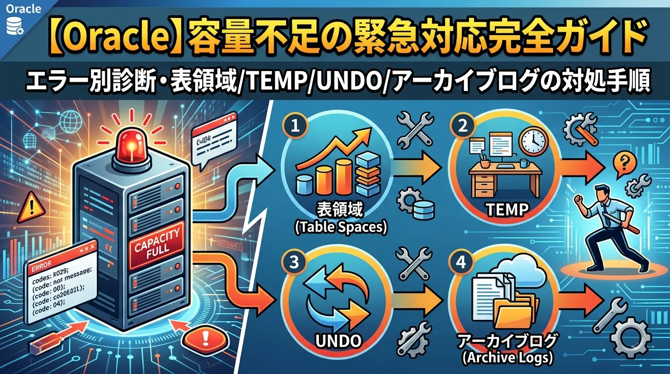 【Oracle】容量不足の緊急対応完全ガイド｜エラー別診断・表領域/TEMP/UNDO/アーカイブログの対処手順