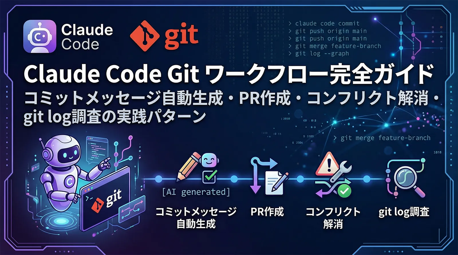 Claude Code Git ワークフロー完全ガイド｜コミットメッセージ自動生成・PR作成・コンフリクト解消・git log調査の実践パターン