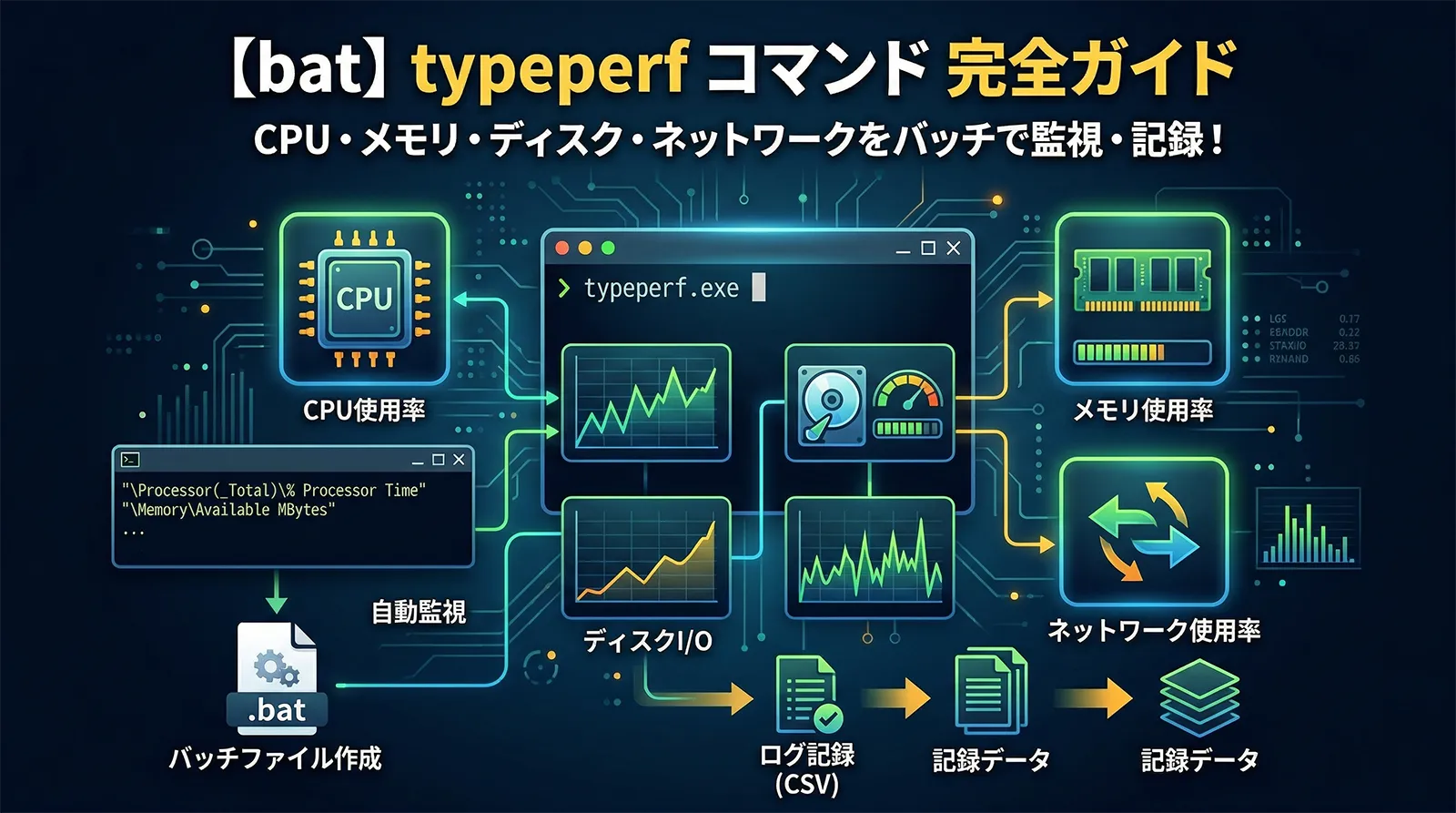 【bat】typeperfコマンド完全ガイド｜CPU・メモリ・ディスク・ネットワーク使用率をバッチで監視・記録する