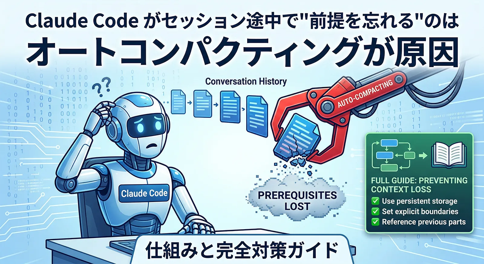 Claude Codeがセッション途中で"前提を忘れる"のはオートコンパクティングが原因──仕組みと完全対策ガイド