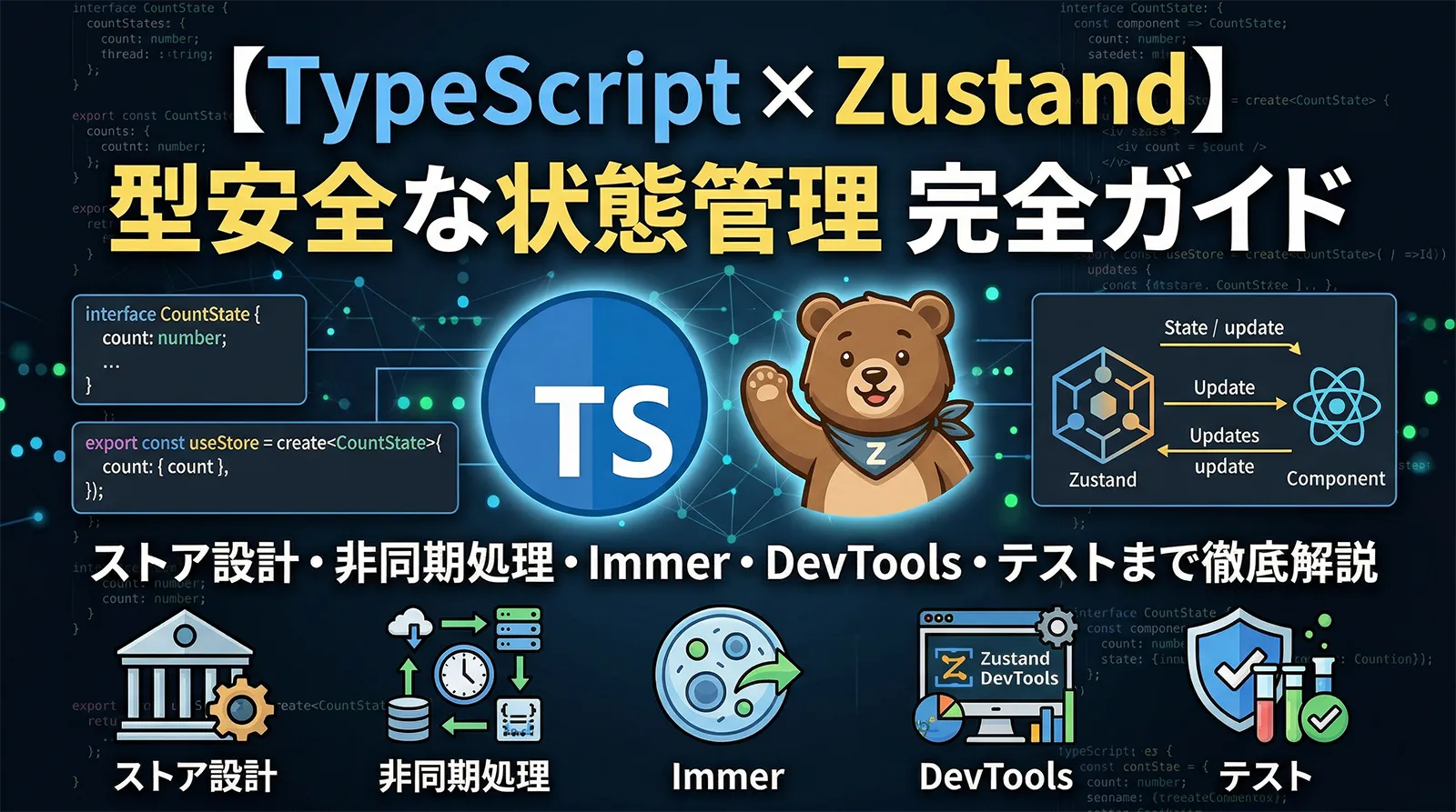 【TypeScript × Zustand】型安全な状態管理完全ガイド｜ストア設計・非同期処理・Immer・DevTools・テストまで徹底解説
