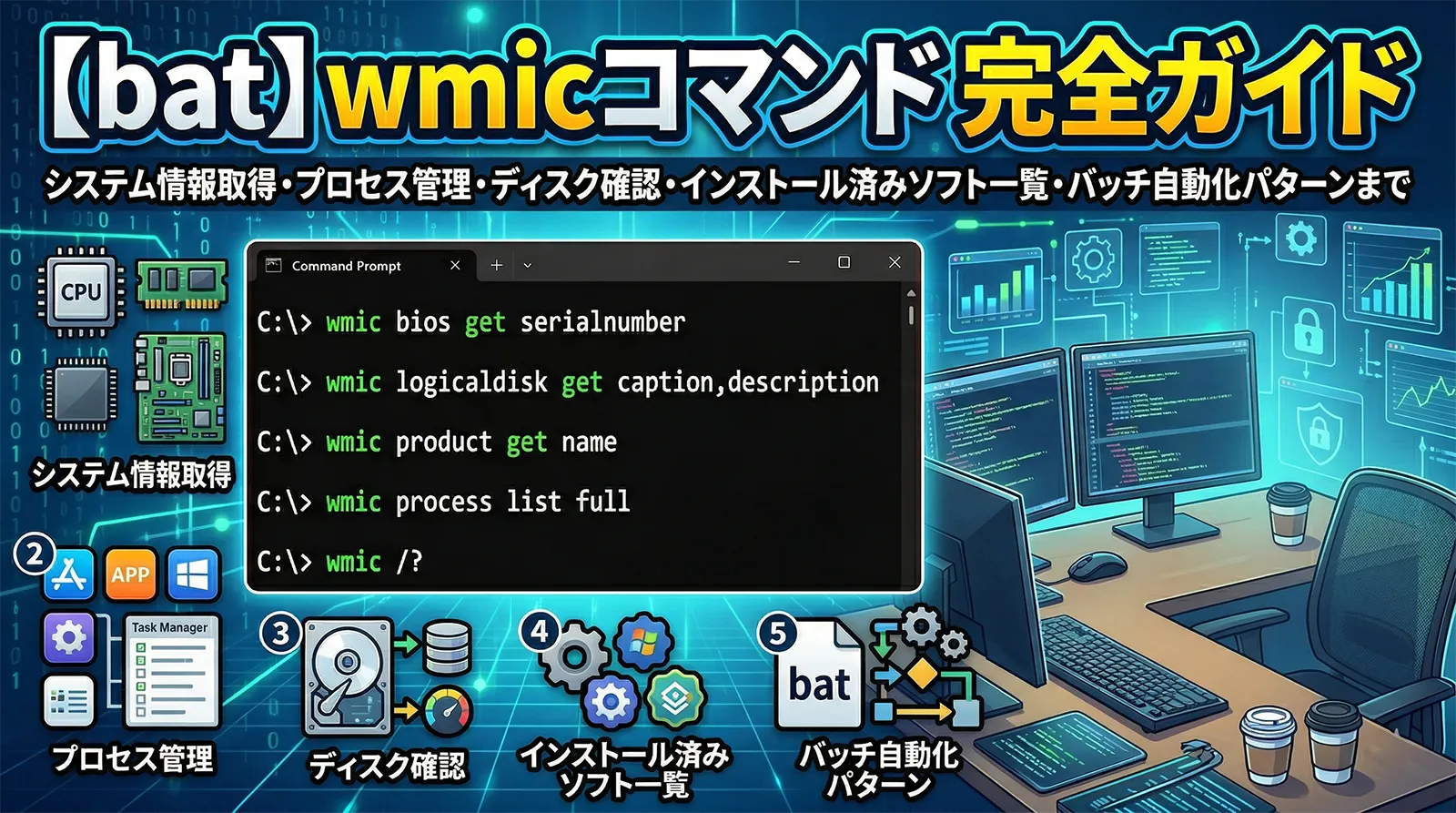 【bat】wmicコマンド完全ガイド｜システム情報取得・プロセス管理・ディスク確認・インストール済みソフト一覧・バッチ自動化パターンまで