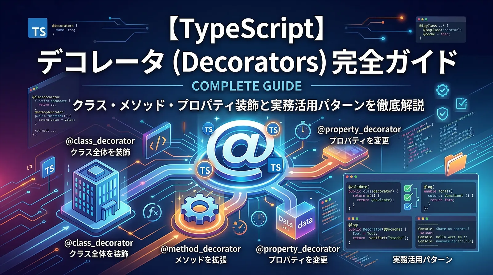 【TypeScript】デコレータ（Decorators）完全ガイド｜クラス・メソッド・プロパティ装飾と実務活用パターンを徹底解説