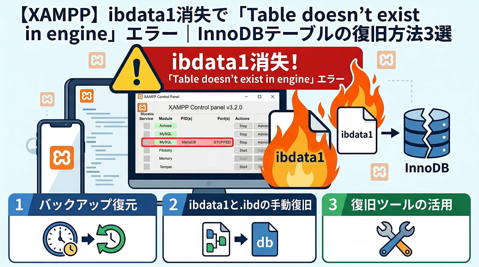【XAMPP】ibdata1消失で「Table doesn’t exist in engine」エラー｜InnoDBテーブルの復旧方法3選