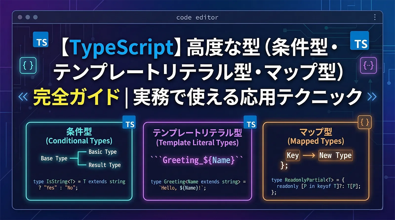【TypeScript】高度な型（条件型・テンプレートリテラル型・マップ型）完全ガイド｜実務で使える応用テクニック