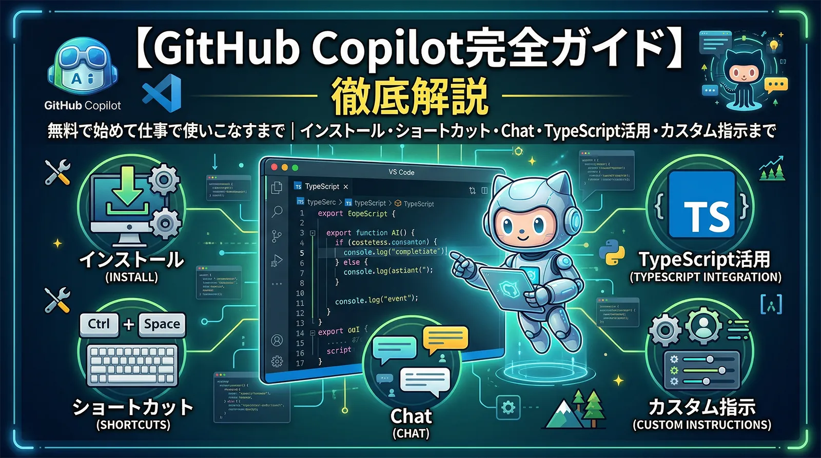 【GitHub Copilot完全ガイド】無料で始めて仕事で使いこなすまで｜インストール・ショートカット・Chat・TypeScript活用・カスタム指示まで徹底解説