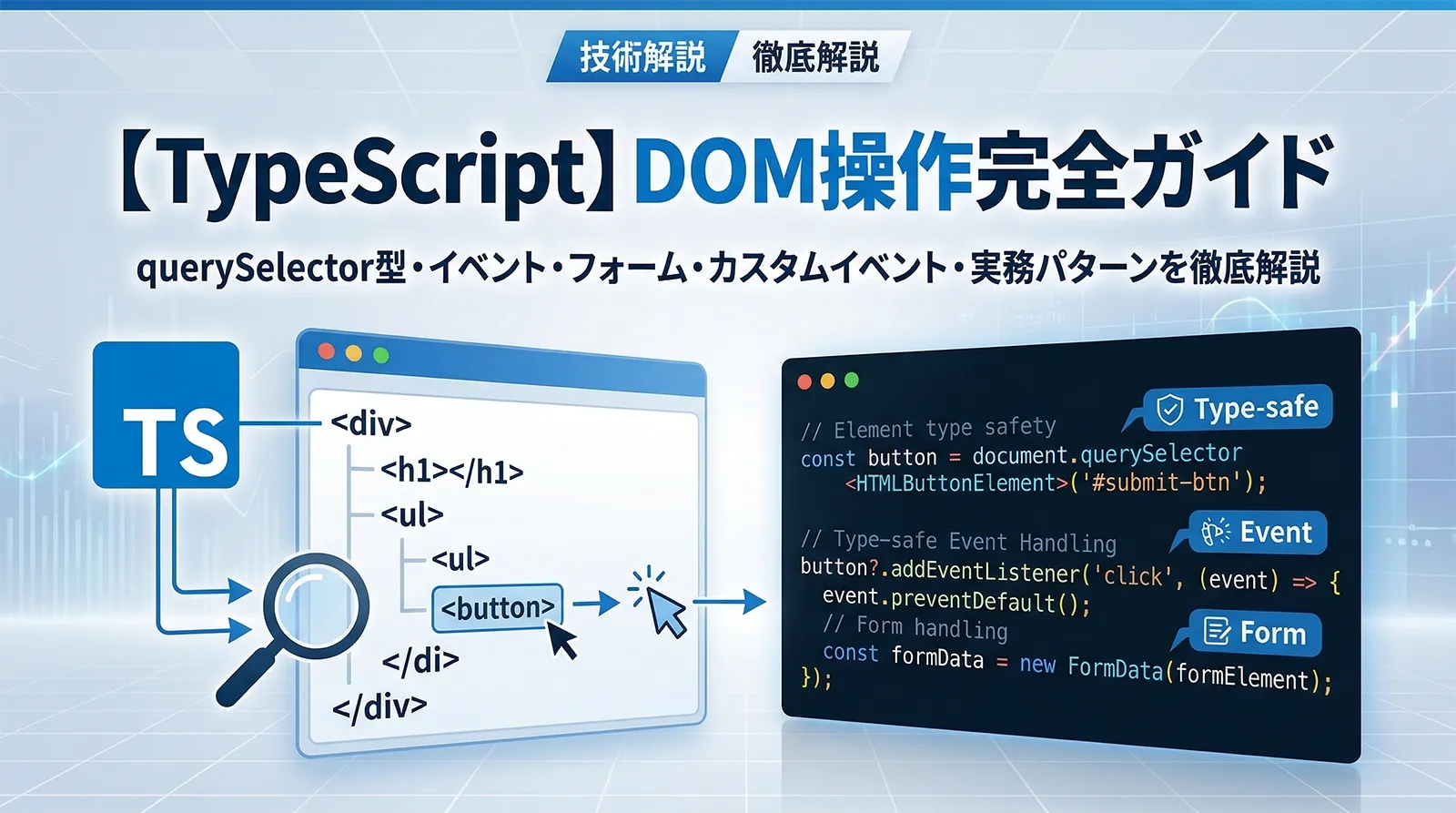 【TypeScript】DOM操作完全ガイド｜querySelector型・イベント・フォーム・カスタムイベント・実務パターンを徹底解説