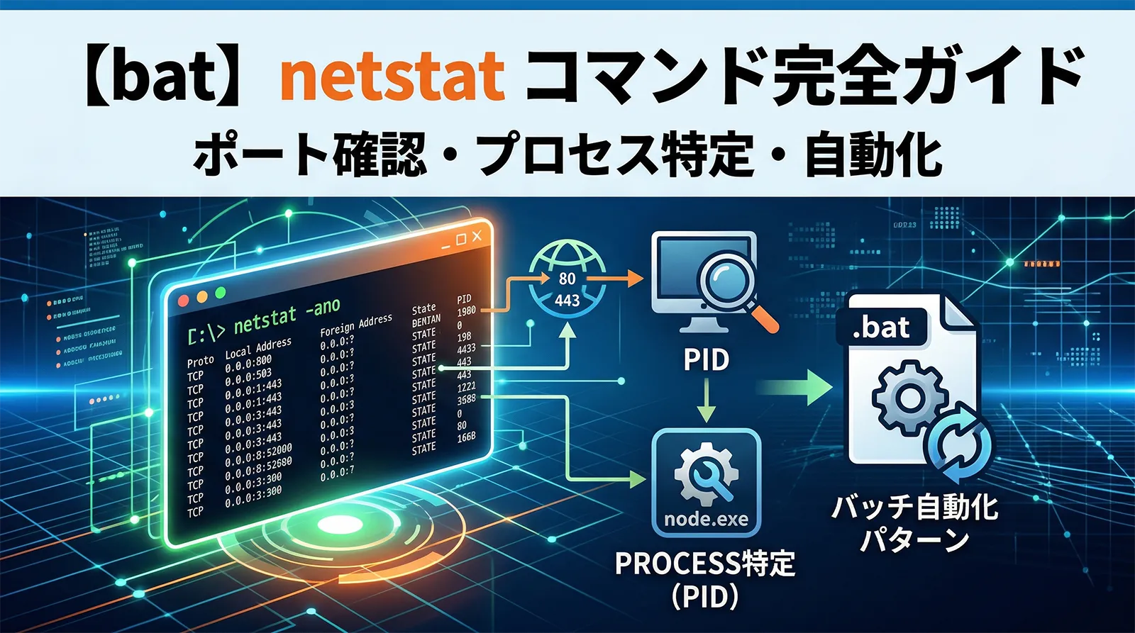 【bat】netstat コマンド完全ガイド｜ポート使用確認・接続状態・PIDからプロセス特定・バッチ自動化パターンまで