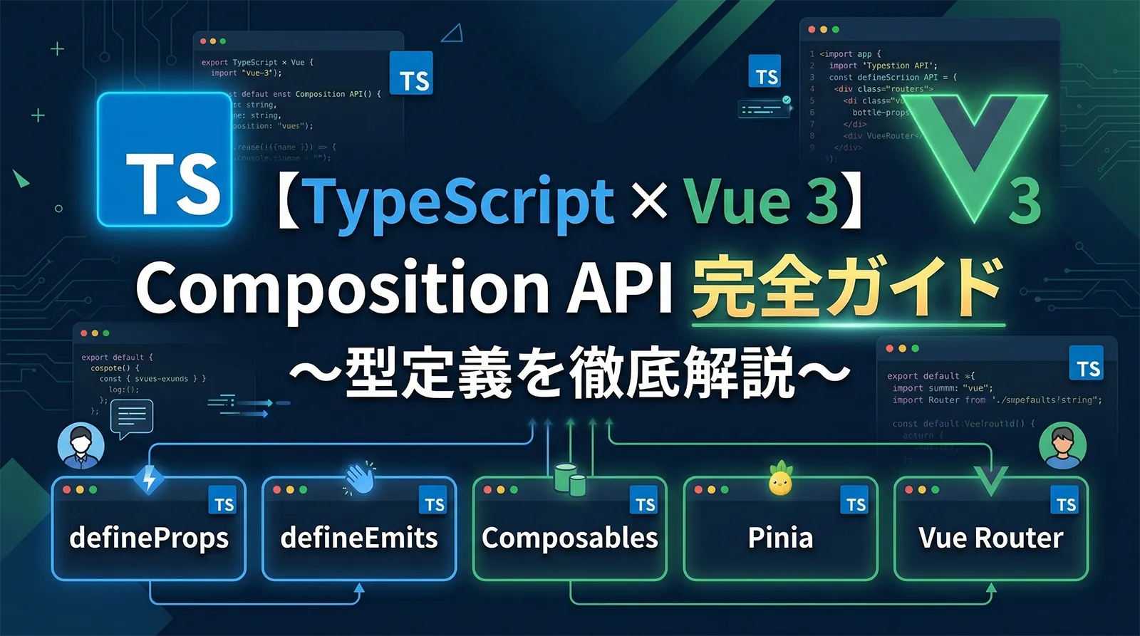 【TypeScript × Vue 3】Composition API 完全ガイド｜defineProps・defineEmits・Composables・Pinia・Vue Routerの型定義を徹底解説