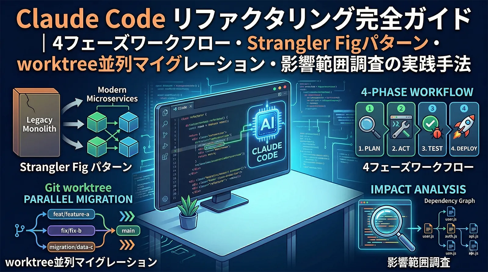 Claude Code リファクタリング完全ガイド｜4フェーズワークフロー・Strangler Figパターン・worktree並列マイグレーション・影響範囲調査の実践手法