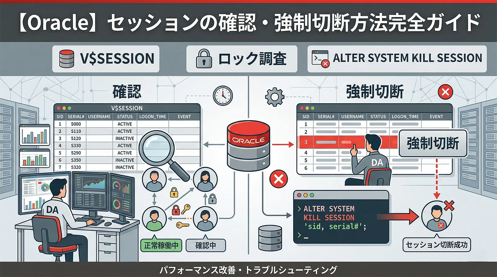 【Oracle】セッションの確認・強制切断方法完全ガイド｜V$SESSION・ロック調査・ALTER SYSTEM KILL SESSION