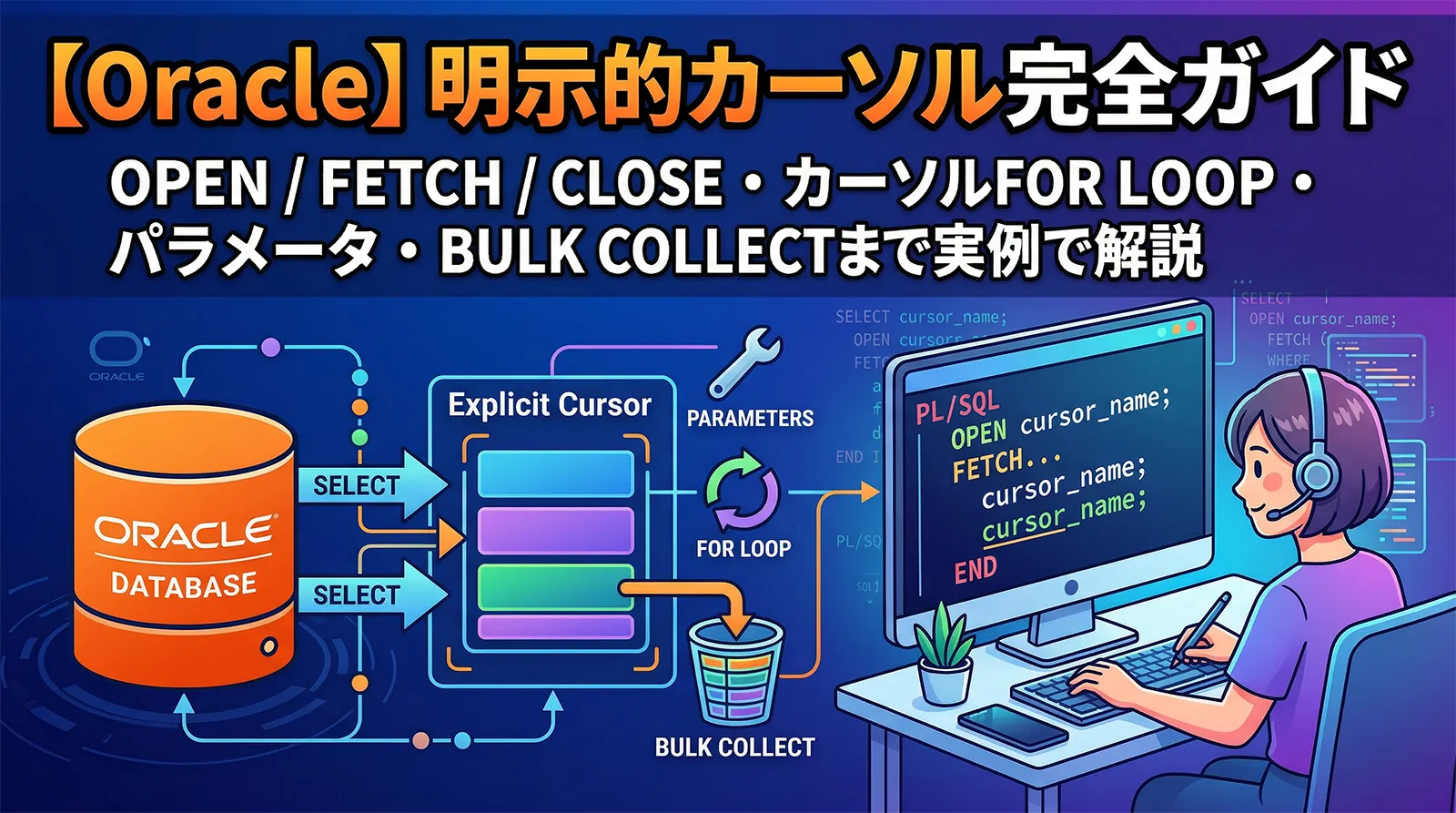 【Oracle】明示的カーソル（Explicit CURSOR）完全ガイド｜OPEN/FETCH/CLOSE・カーソルFOR LOOP・パラメータ・BULK COLLECTまで実例で解説