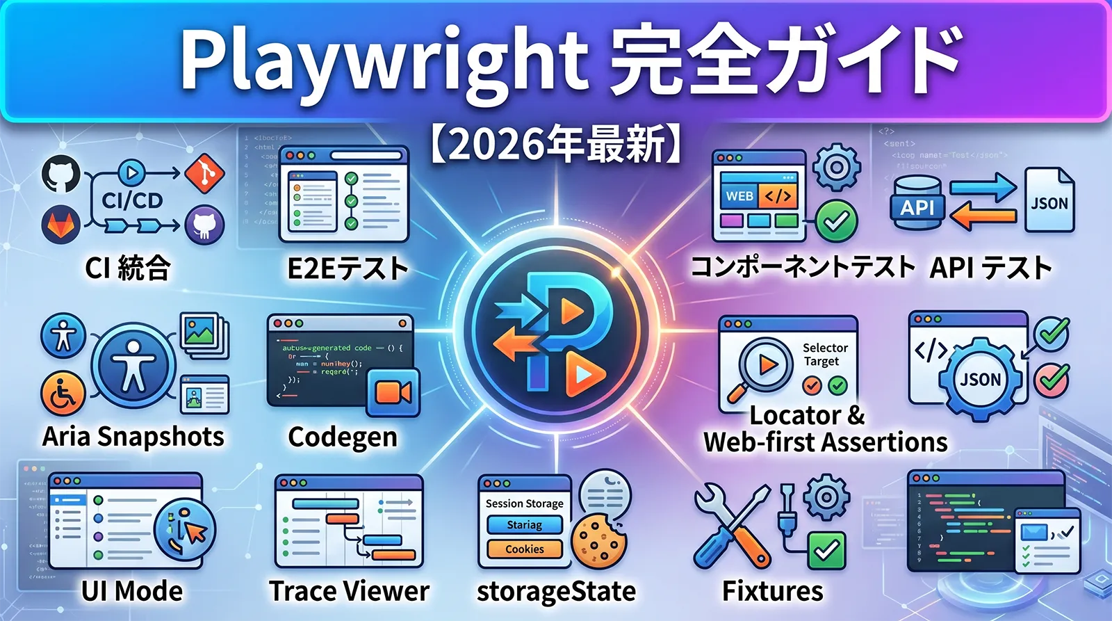 Playwright 完全ガイド【2026年最新】｜E2E / コンポーネント / API テスト・Locator・Web-first Assertions・Fixtures・storageState・Trace Viewer・UI Mode・Codegen・Aria Snapshots・CI 統合まで実戦パターンで解説