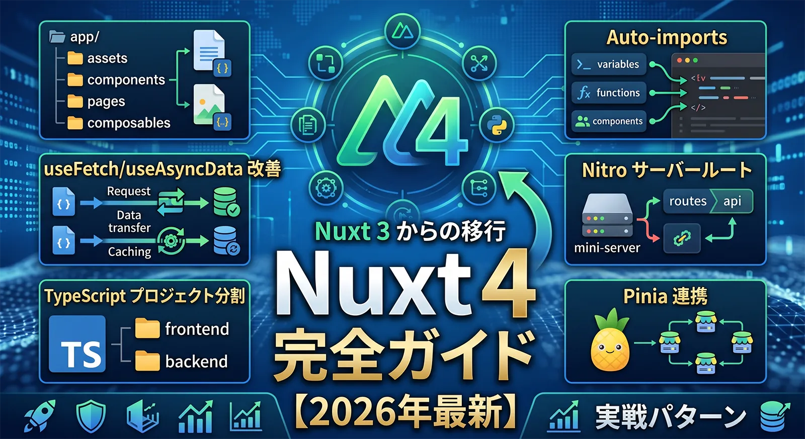 Nuxt 4 完全ガイド【2026年最新】｜app/ ディレクトリ構造・Auto-imports・useFetch/useAsyncData 改善・Nitro サーバールート・TypeScript プロジェクト分割・Pinia 連携・Nuxt 3 からの移行まで実戦パターンで解説