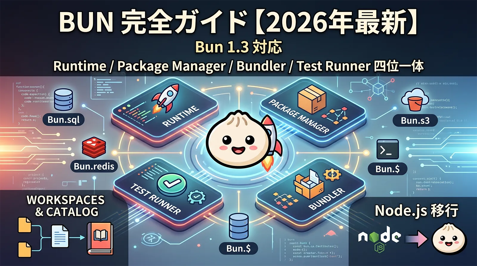 Bun 完全ガイド【2026年最新】｜Bun 1.3 対応・Runtime / Package Manager / Bundler / Test Runner 四位一体・Bun.sql / Bun.redis / Bun.s3 / Bun.$ / Workspaces & Catalog・Node.js 移行まで解説