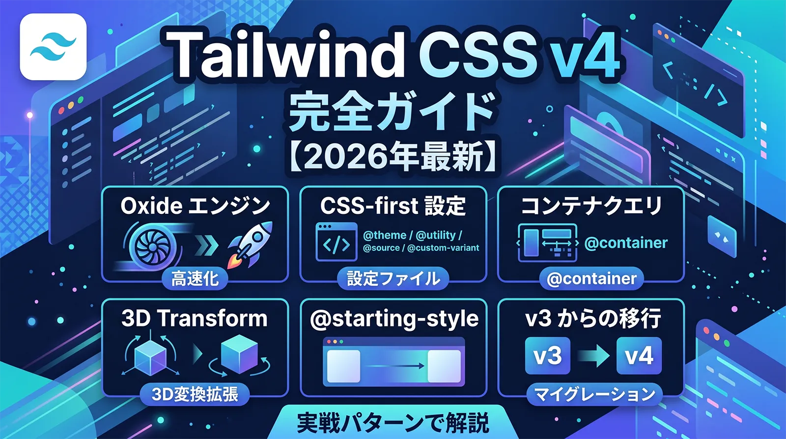 Tailwind CSS v4 完全ガイド【2026年最新】｜Oxide エンジン・CSS-first 設定（@theme / @utility / @source / @custom-variant）・コンテナクエリ・3D Transform・@starting-style・v3 からの移行まで実戦パターンで解説