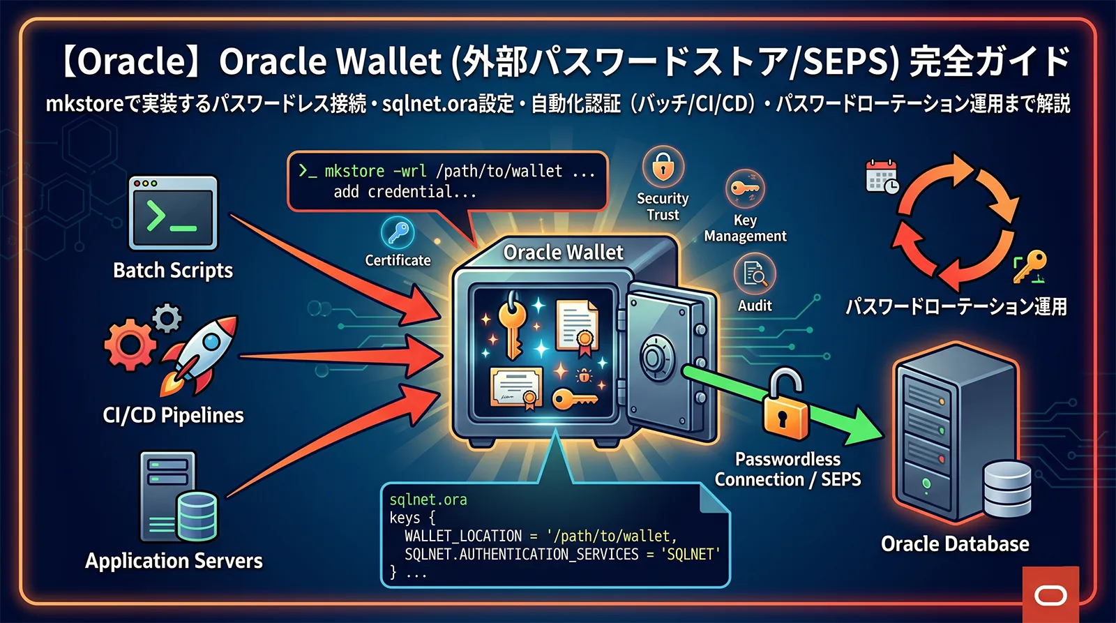 【Oracle】Oracle Wallet（外部パスワードストア/SEPS）完全ガイド｜mkstore でパスワードレス接続を実装・sqlnet.ora 設定・バッチ/CI/CD の自動化認証・パスワードローテーション運用まで解説