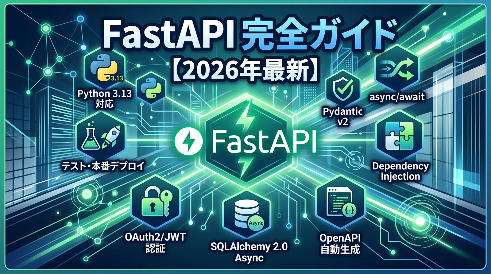FastAPI 完全ガイド【2026年最新】｜Python 3.13 対応・Pydantic v2・async/await・Dependency Injection・OpenAPI 自動生成・SQLAlchemy 2.0 Async・OAuth2/JWT 認証・テスト・本番デプロイまでを実戦パターンで解説