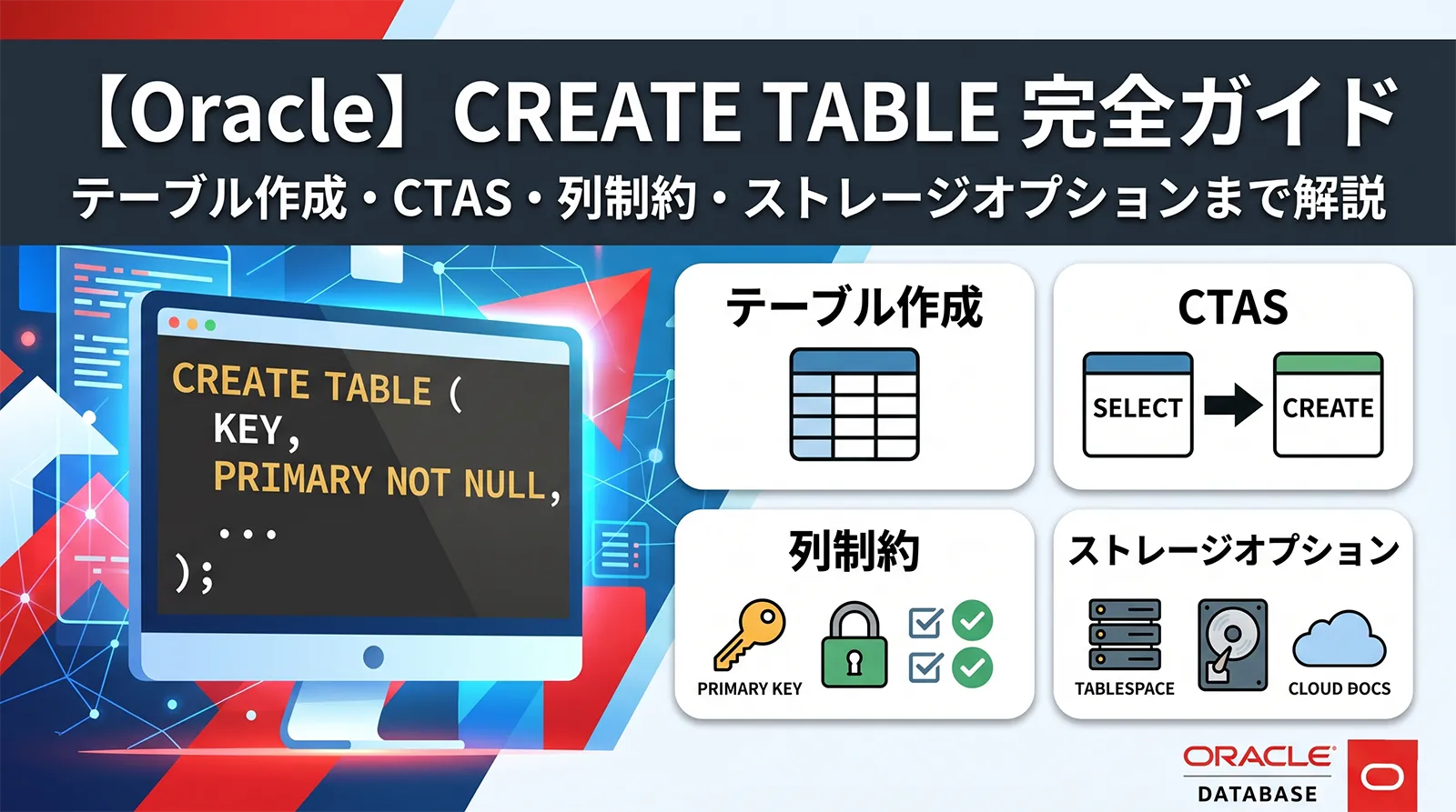 【Oracle】CREATE TABLE 完全ガイド｜テーブル作成・CTAS・列制約・ストレージオプションまで解説
