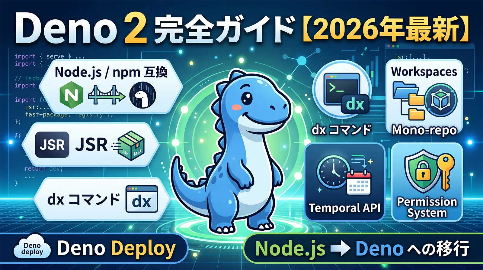 Deno 2 完全ガイド【2026年最新】｜Node.js/npm 互換・JSR・dx コマンド・Workspaces・Temporal API・Permission System・Deno Deploy・Node から Deno への移行まで解説