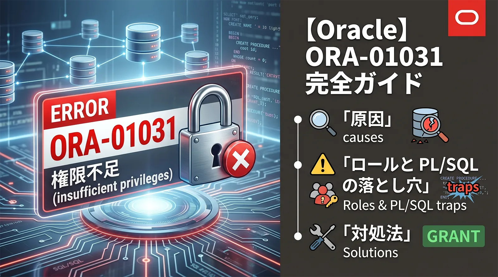 【Oracle】ORA-01031 完全ガイド｜insufficient privileges（権限不足）の原因・ロールと PL/SQL の落とし穴・対処法まで解説