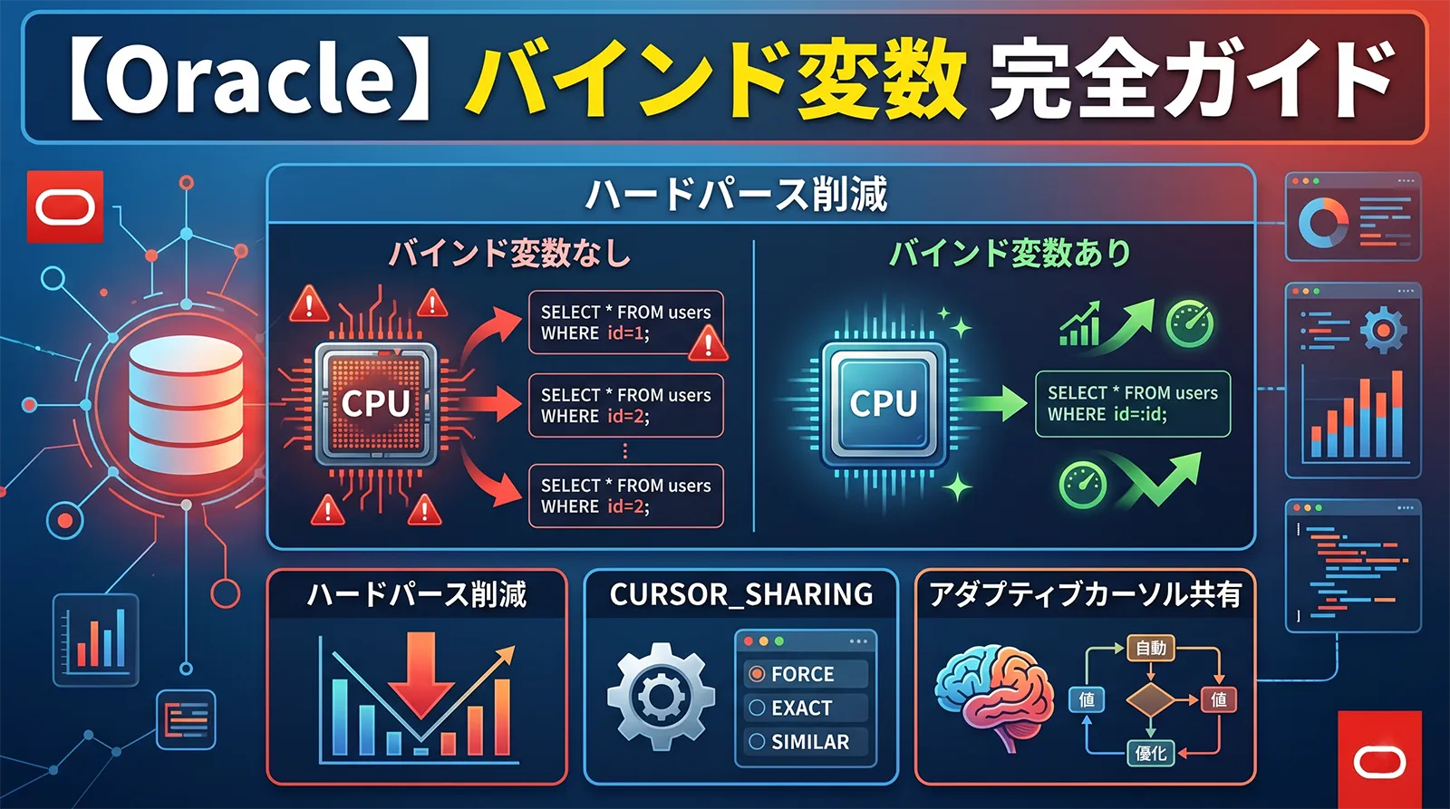【Oracle】バインド変数完全ガイド｜ハードパース削減・CURSOR_SHARING・アダプティブカーソル共有まで解説