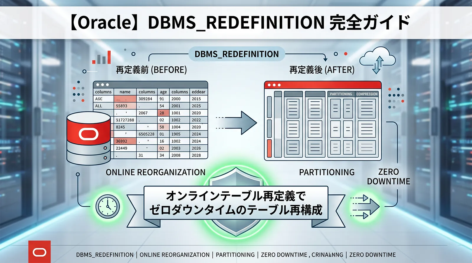 【Oracle】DBMS_REDEFINITION完全ガイド｜オンラインテーブル再定義でゼロダウンタイムのテーブル再構成まで解説
