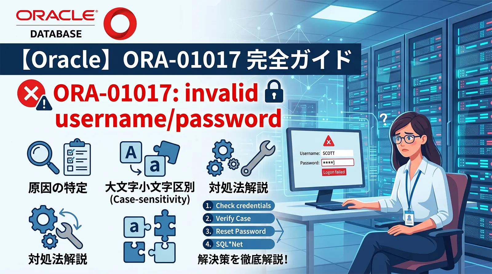 【Oracle】ORA-01017 完全ガイド｜invalid username/password の原因・パスワード大文字小文字区別・対処法まで解説