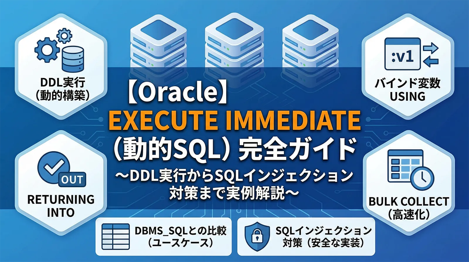 【Oracle】EXECUTE IMMEDIATE（動的SQL）完全ガイド｜DDL実行・バインド変数USING・RETURNING INTO・BULK COLLECT・DBMS_SQL比較・SQLインジェクション対策まで実例で解説