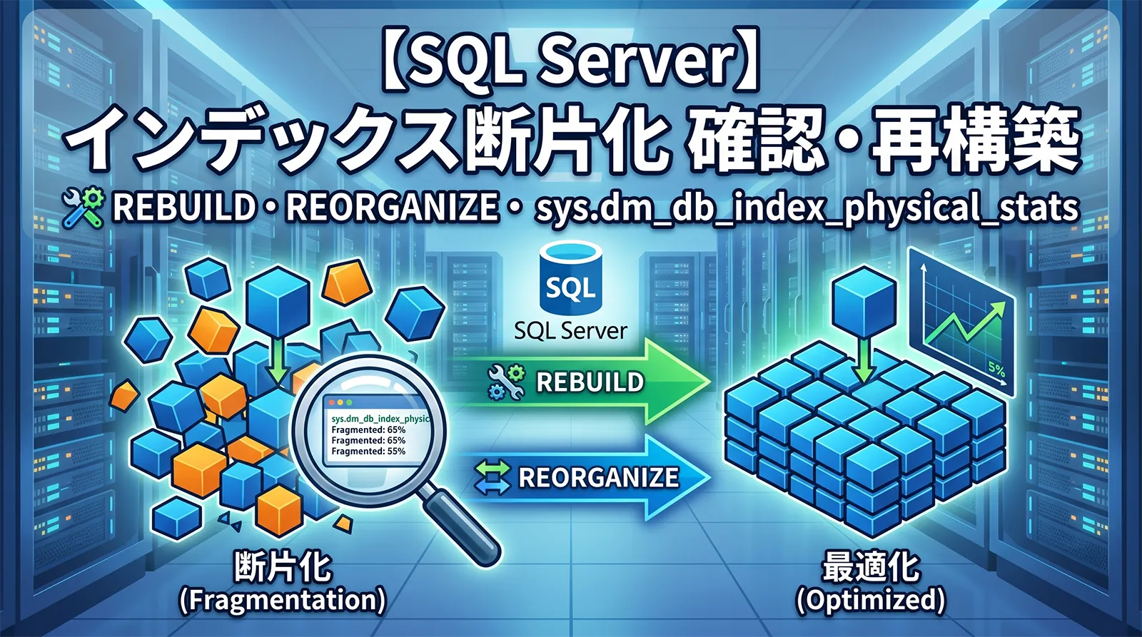 【SQL Server】インデックス断片化を確認・再構築する方法｜REBUILD・REORGANIZE・sys.dm_db_index_physical_stats