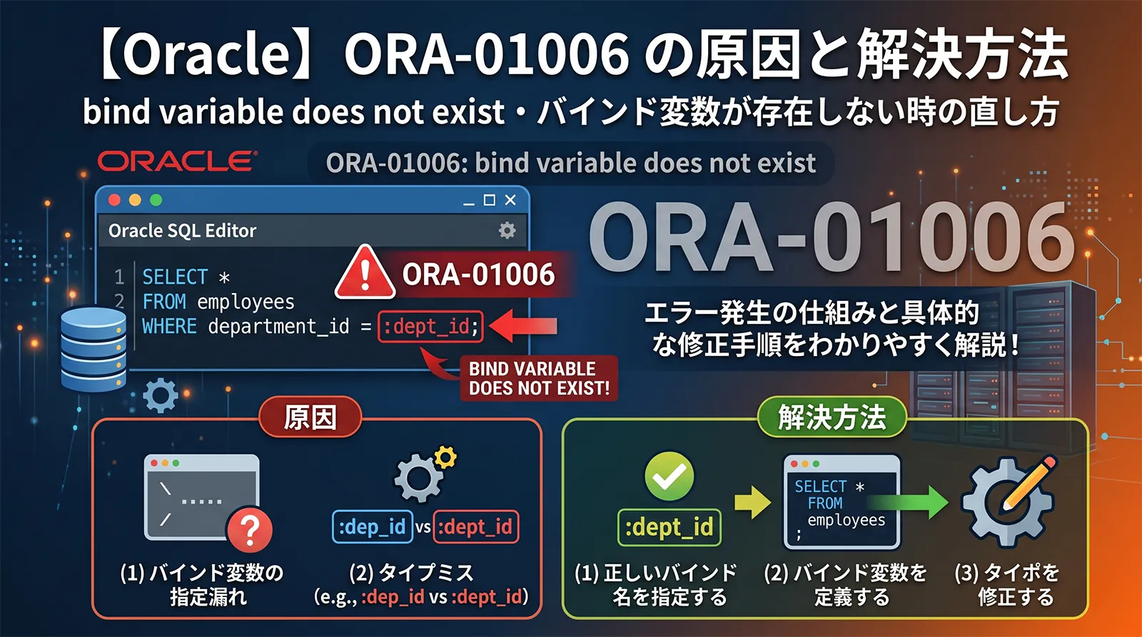 【Oracle】ORA-01006の原因と解決方法｜bind variable does not exist・バインド変数が存在しない時の直し方