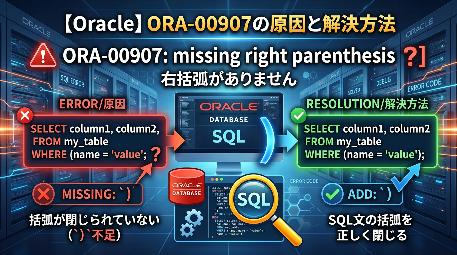 【Oracle】ORA-00907の原因と解決方法｜missing right parenthesis・右括弧がありませんの直し方