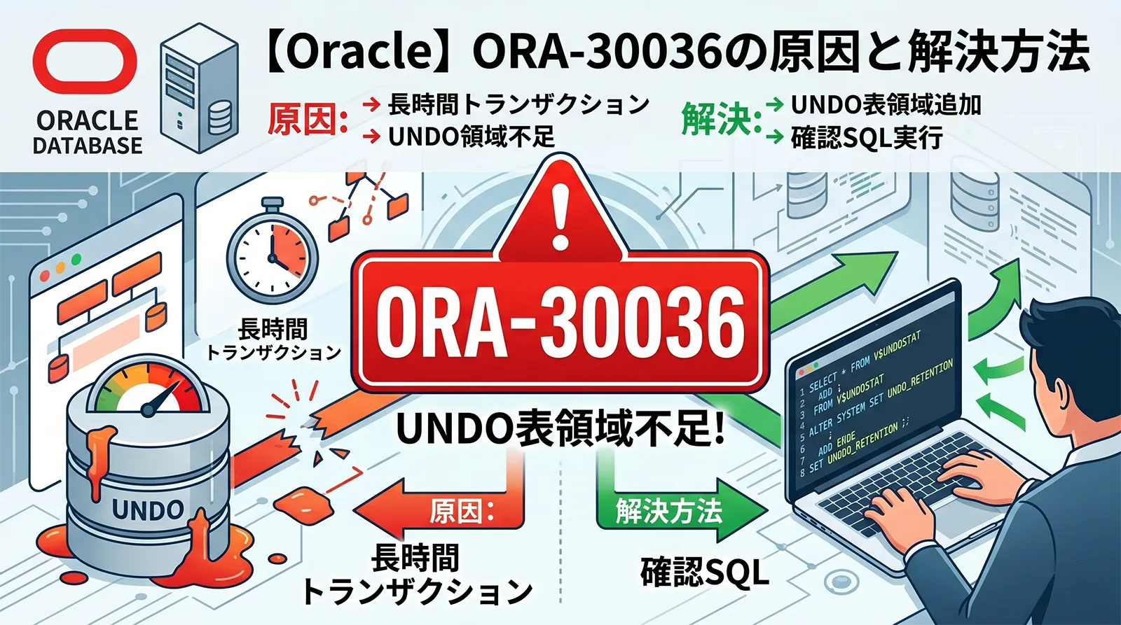 【Oracle】ORA-30036の原因と解決方法｜UNDO表領域不足・長時間トランザクション・確認SQL