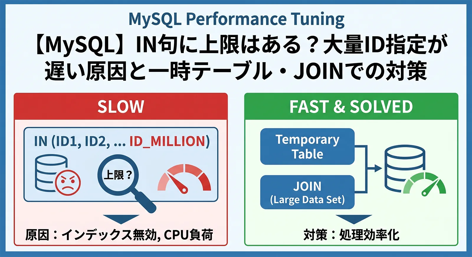 【MySQL】IN句に上限はある？大量ID指定が遅い原因と一時テーブル・JOINでの対策
