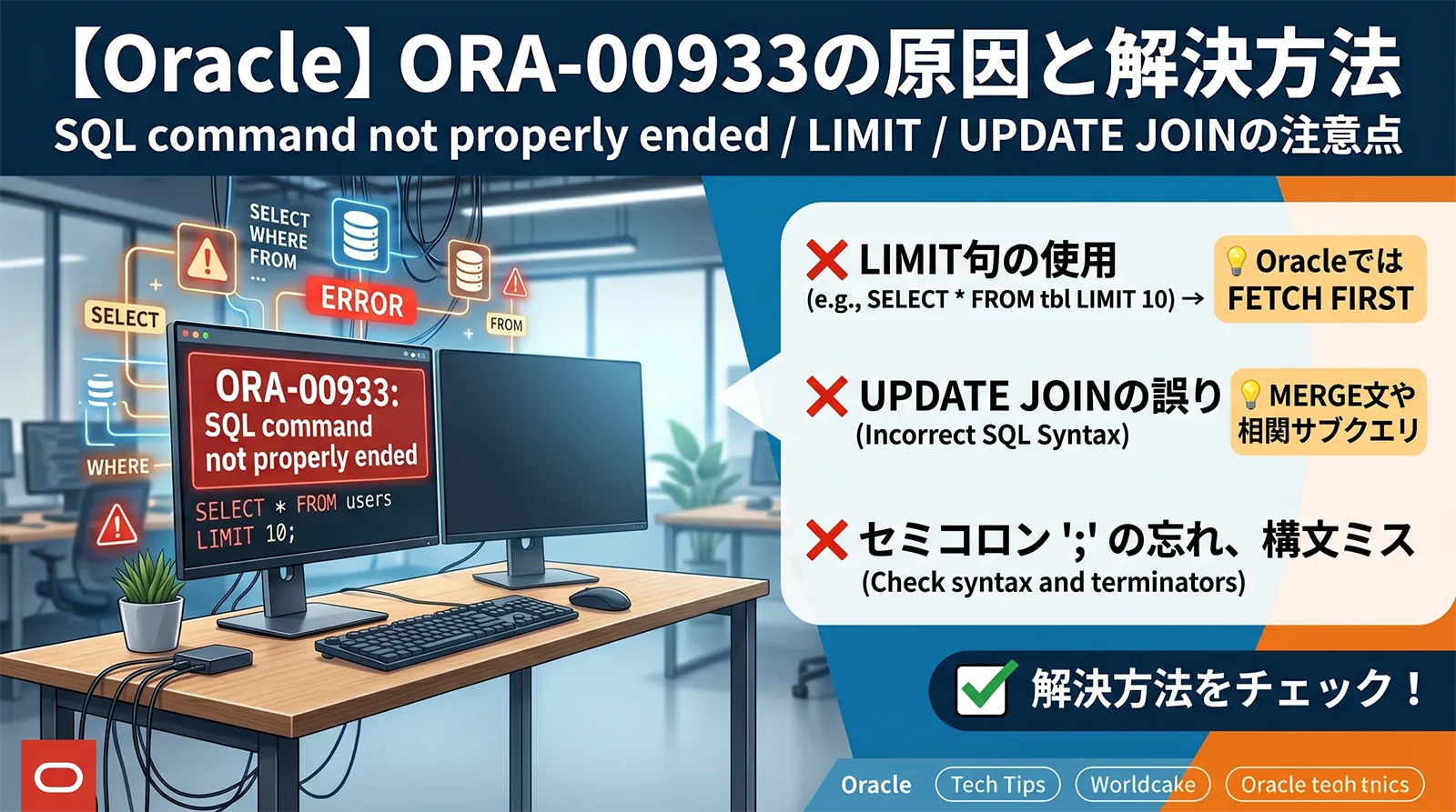 【Oracle】ORA-00933の原因と解決方法｜SQL command not properly ended・LIMIT・UPDATE JOINの注意点