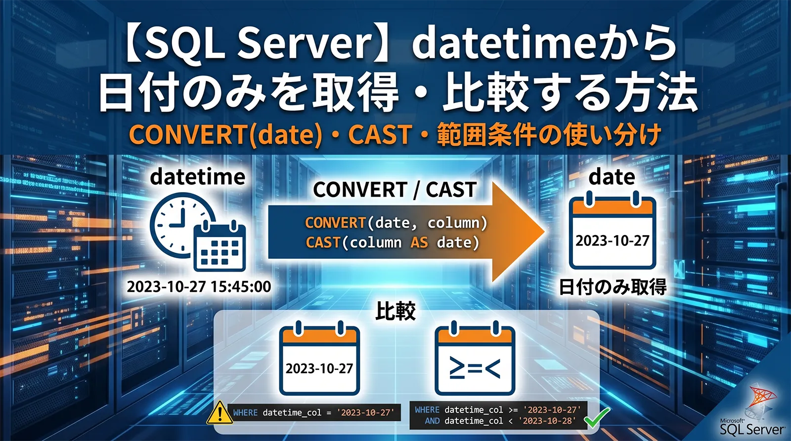 【SQL Server】datetimeから日付のみを取得・比較する方法｜CONVERT(date)・CAST・範囲条件の使い分け