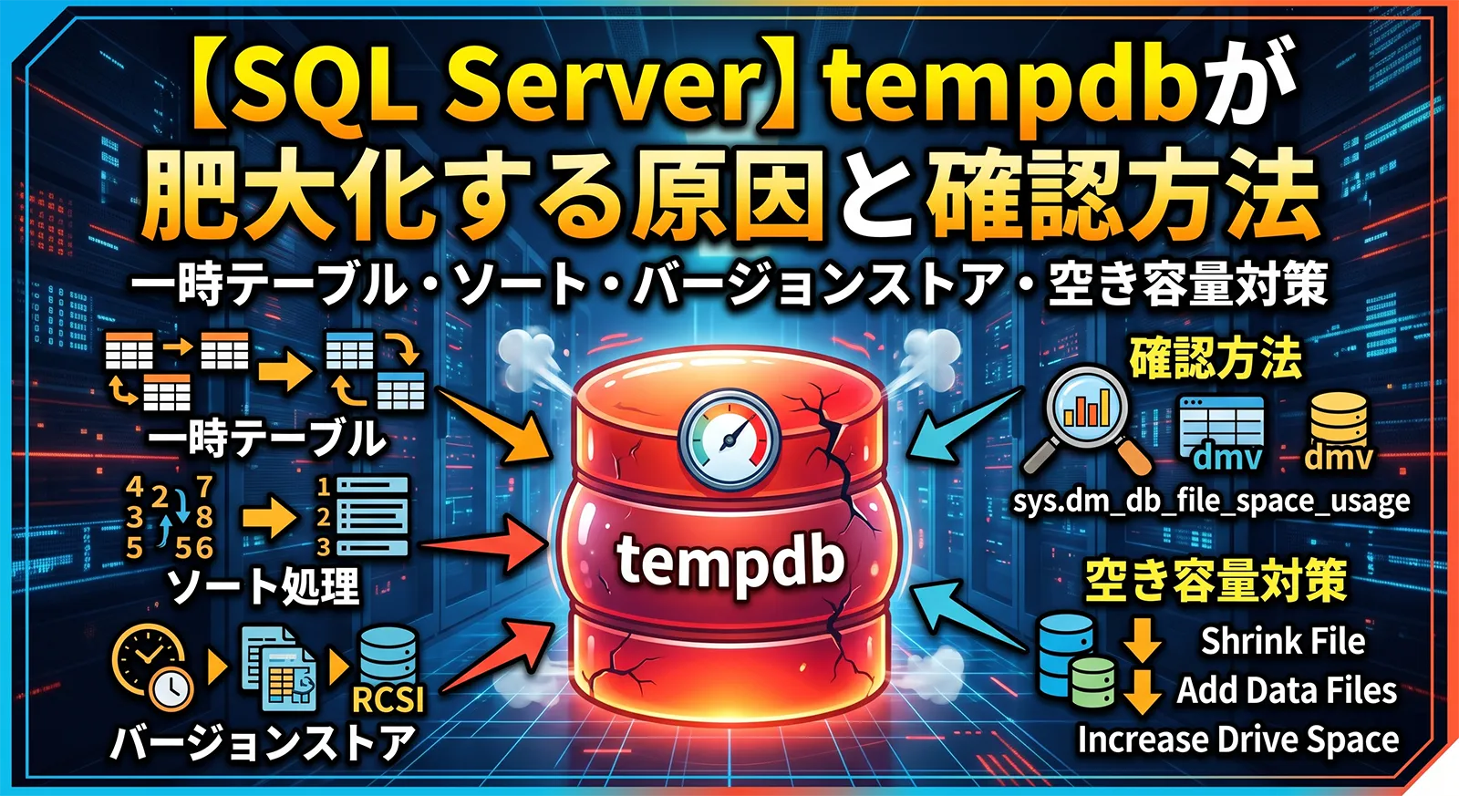 【SQL Server】tempdbが肥大化する原因と確認方法｜一時テーブル・ソート・バージョンストア・空き容量対策
