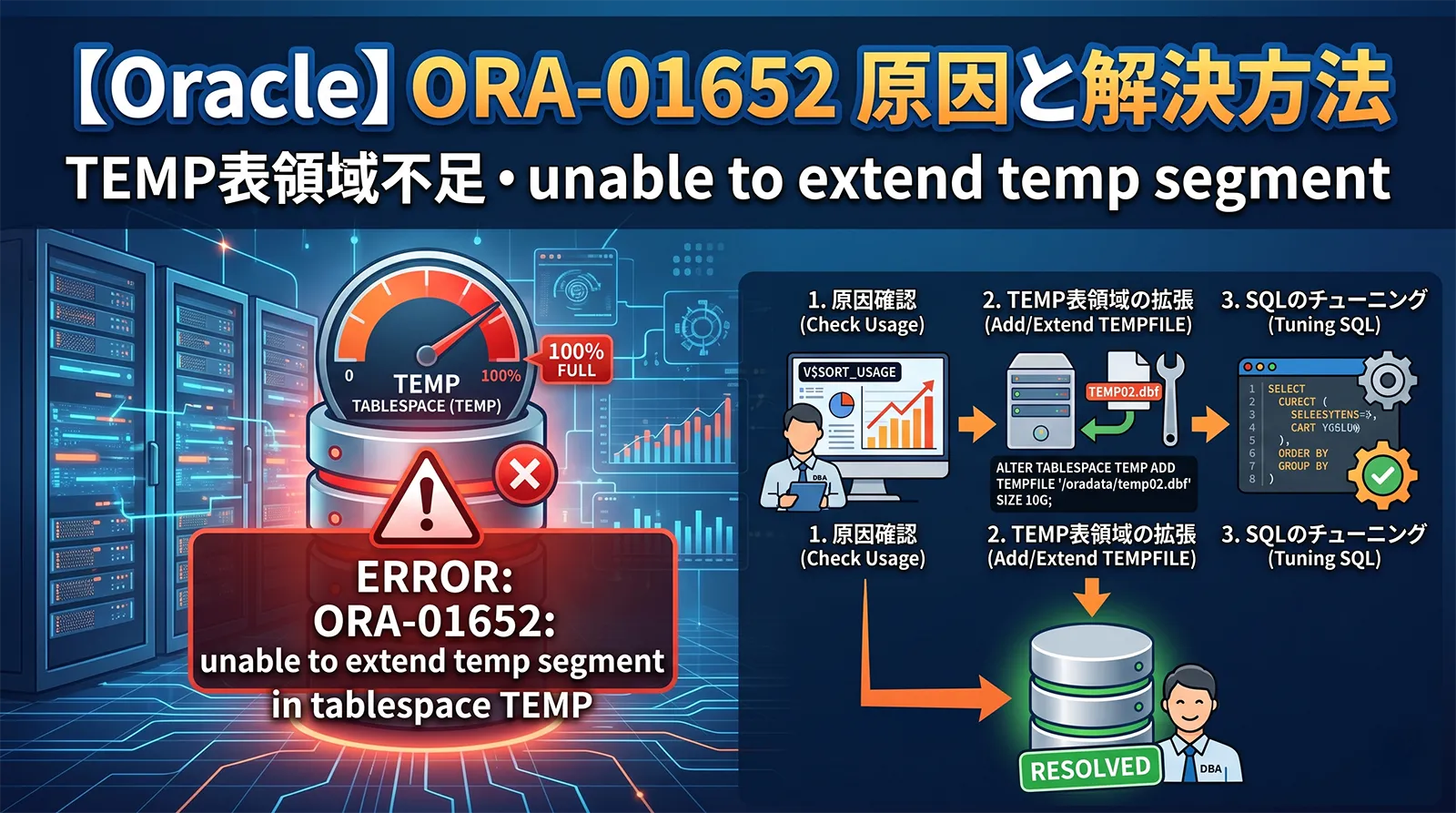 【Oracle】ORA-01652の原因と解決方法｜unable to extend temp segment・TEMP表領域不足の確認と対処