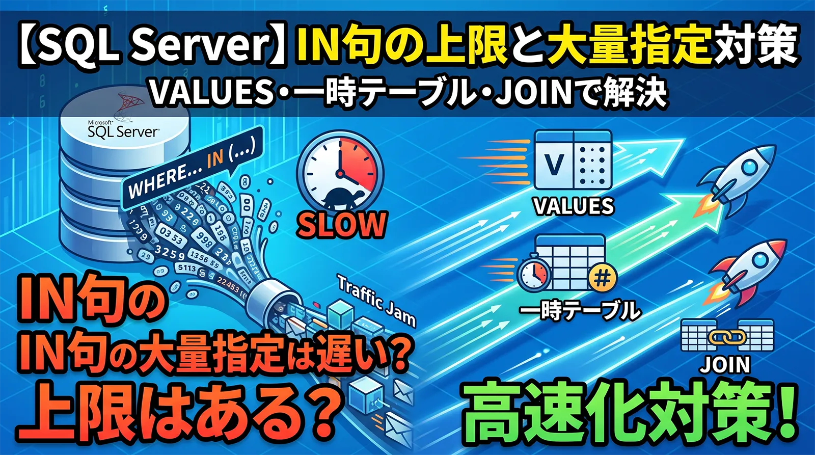 【SQL Server】IN句に上限はある？大量指定が遅い原因とVALUES・一時テーブル・JOINでの対策