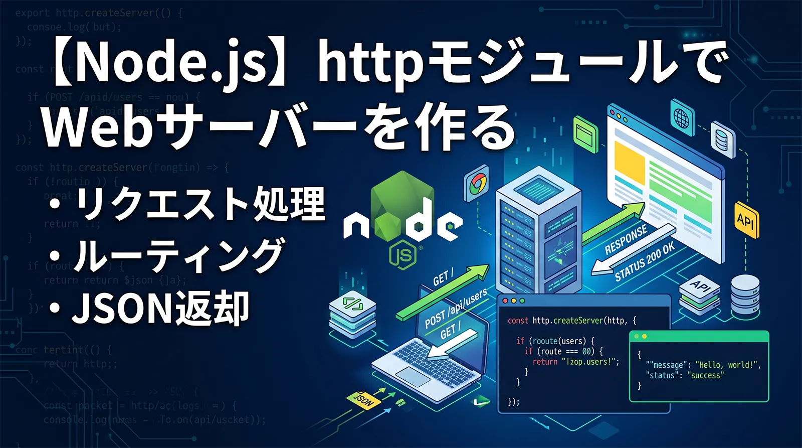 【Node.js】httpモジュールでWebサーバーを作る｜リクエスト処理・ルーティング・JSON返却