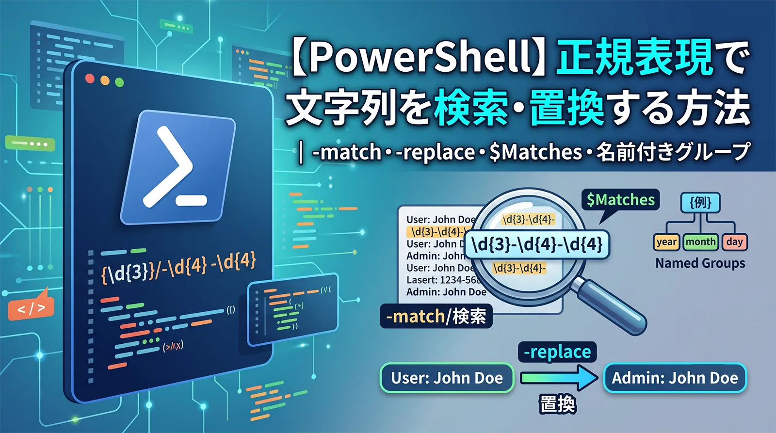 【PowerShell】正規表現で文字列を検索・置換する方法｜-match・-replace・$Matches・名前付きグループ