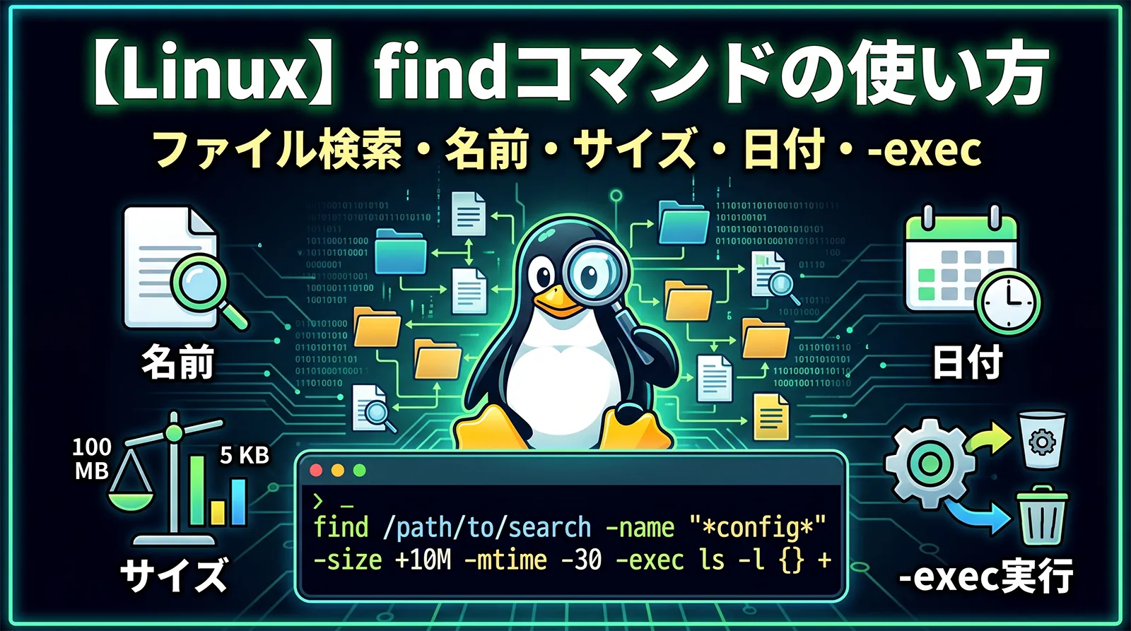 【Linux】findコマンドの使い方｜ファイル検索・名前・サイズ・日付・-exec