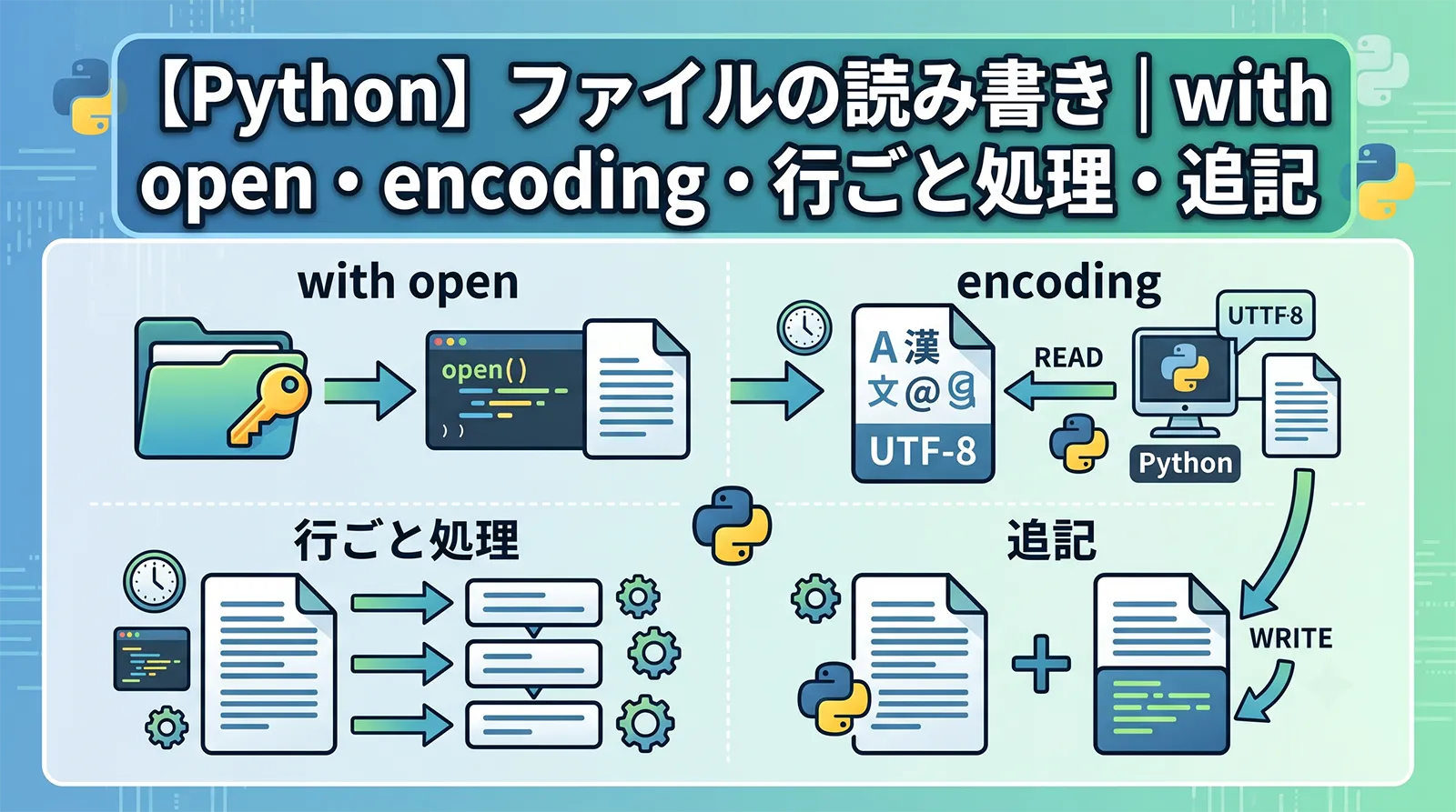 【Python】ファイルの読み書き｜with open・encoding・行ごと処理・追記
