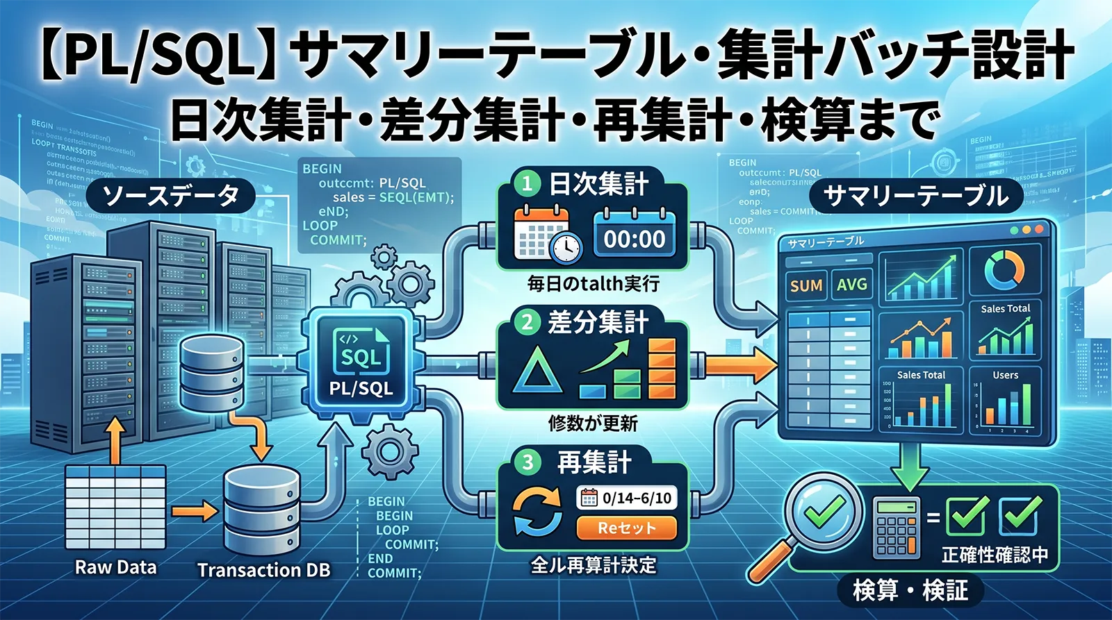 【PL/SQL】サマリーテーブル・集計バッチ設計｜日次集計・差分集計・再集計・検算まで