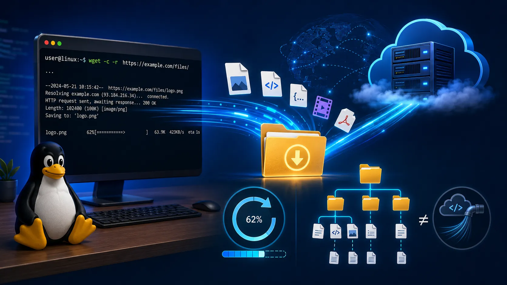 【Linux】wgetでファイルをダウンロードする方法｜curlとの違い・-cで再開・-rで再帰取得
