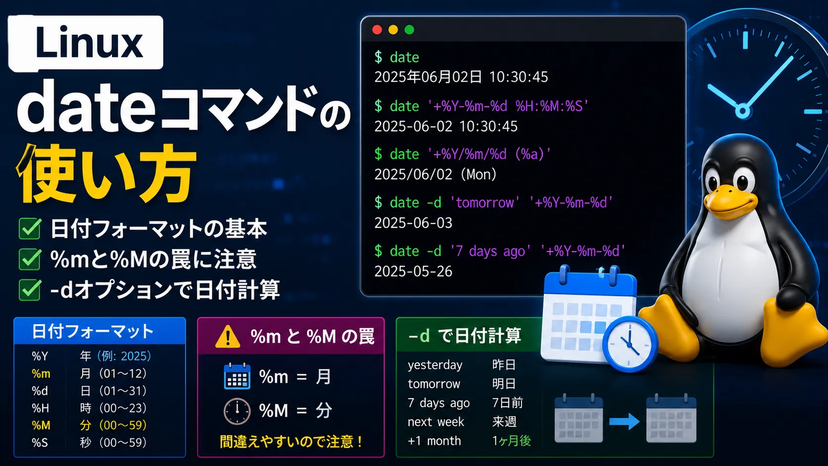 【Linux】dateコマンドの使い方｜日付フォーマット・%mと%Mの罠・-dで日付計算